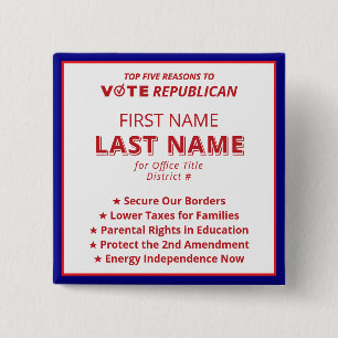 Vote Candidate Name 2026 Red Republican Platform 15 Cm Square Badge