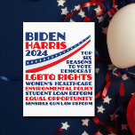 Vote for Biden Harris 2024 Election Platform Postcard<br><div class="desc">Vote for Joe Biden and Kamala Harris for president and VP in the 2024 presidential election to support the democratic party platform. This political postcard shows a list of six reasons: LGBTQ rights, women's healthcare, environmental policy, student loan reform, equal opportunity for minorities and women, sensible gun laws, and other...</div>