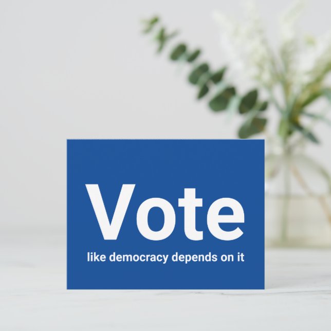 Vote like democracy depends on it white and blue postcard (Standing Front)