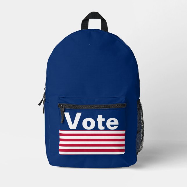 Vote Red White and Blue US Flag Style Stripes Printed Backpack (Front)