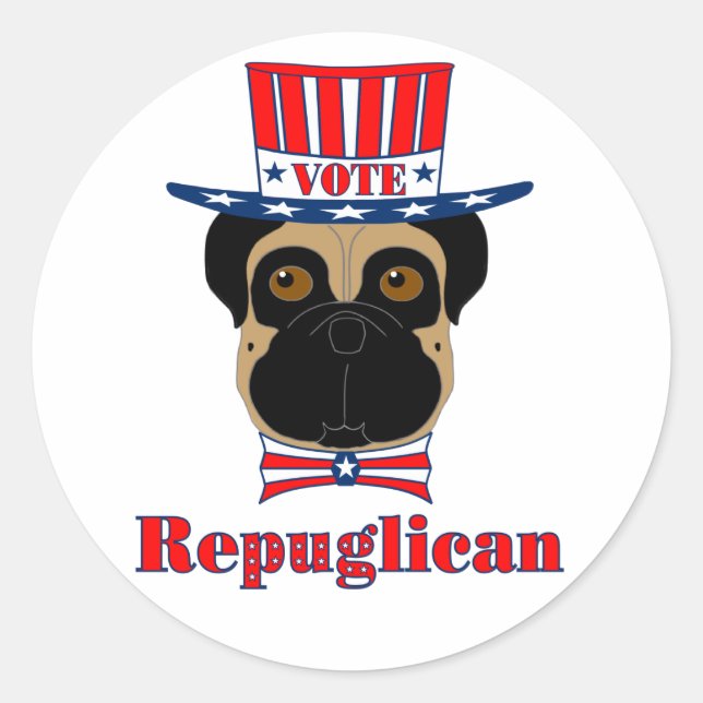 Vote rePUGlican Funny Pug in Red White Blue Hat Classic Round Sticker (Front)