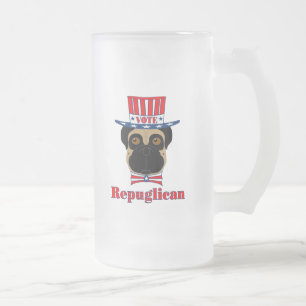 Vote rePUGlican Funny Pug in Red White Blue Hat Frosted Glass Beer Mug