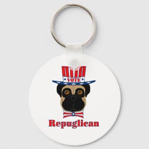 Vote rePUGlican Funny Pug in Red White Blue Hat Key Ring