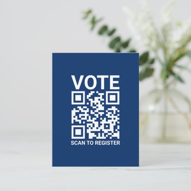 Vote Scan QR Code to register custom text navy Postcard (Standing Front)