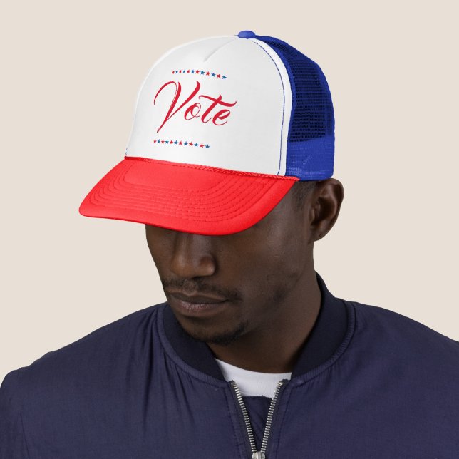 Vote US Presidential Election 2024 Red White Blue Trucker Hat (In Situ)