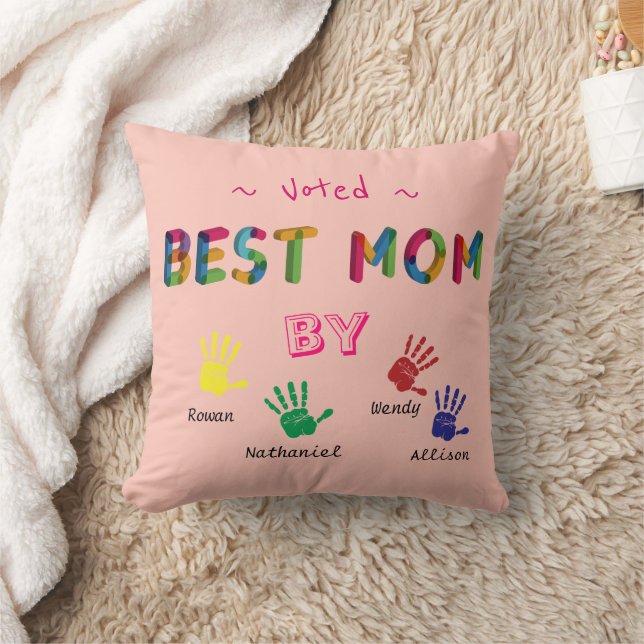 Voted Best Mum Hand print art on Pink Personalise  Cushion (Blanket)