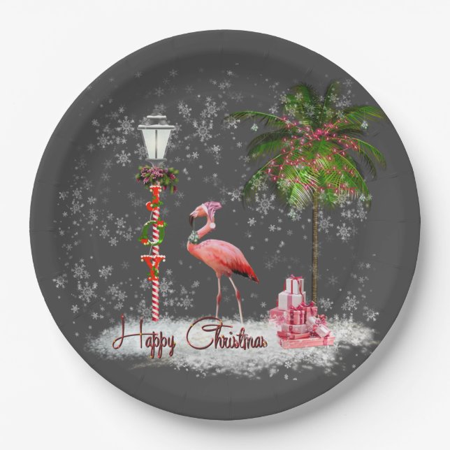 Votos de Natal de Flamingo Paper Plate (Front)