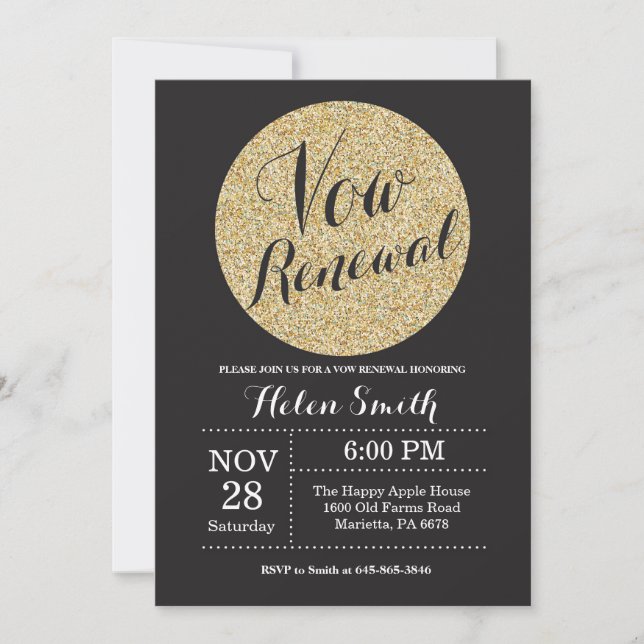 Vow Renewal Black and Gold Glitter Invitation (Front)