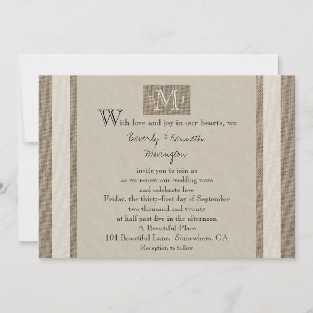 Vow Renewal Burlap Parchment Look Invitation (Front)