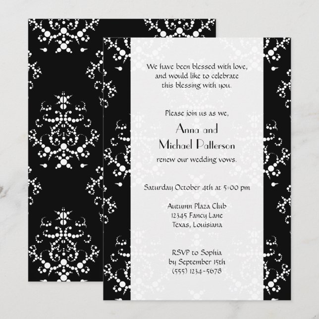 Vow Renewal - Damask, Ornaments, Swirls - Black Invitation (Front/Back)