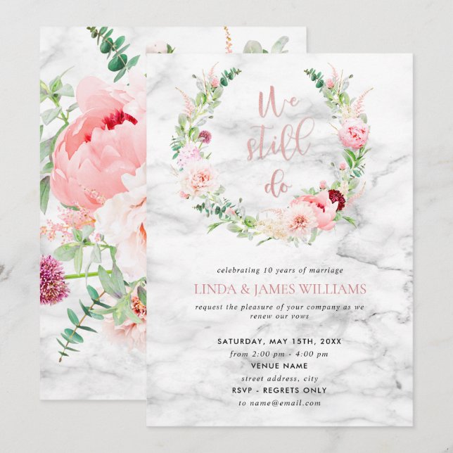 Vow Renewal Elegant Rose Gold Floral Marble Invitation (Front/Back)