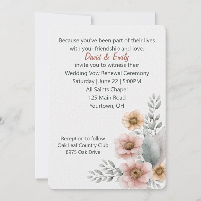 Vow Renewal Flowers On White Invitation (Front)