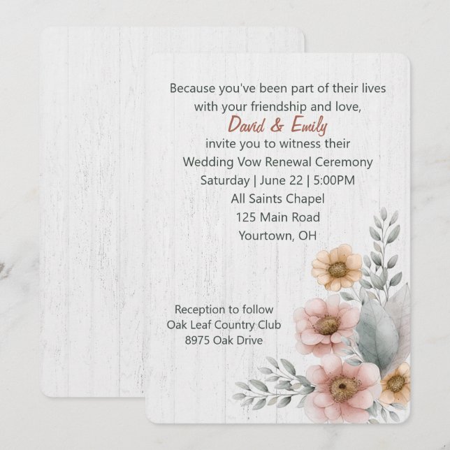 Vow Renewal Flowers On Wood Invitation (Front/Back)