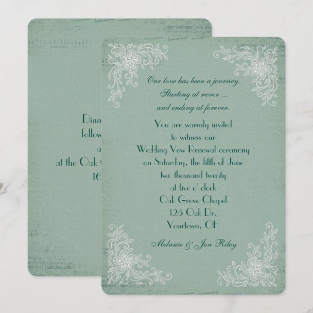 Vow Renewal-lace corners on green texture music Invitation (Front/Back)