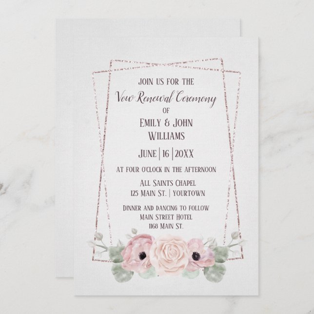 Vow Renewal Pink Anemone and Glitter Frame Invitat Invitation (Front/Back)
