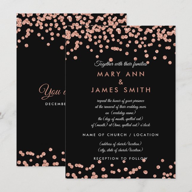 Vow Renewal Rose Gold Faux Glitter Confetti Black Invitation (Front/Back)