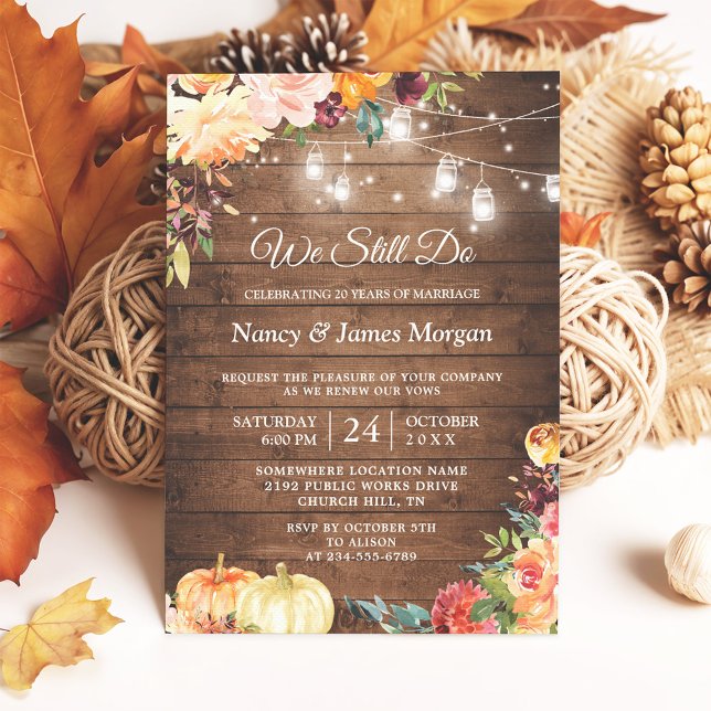 Vow Renewal Rustic Autumn Floral Mason Jar Lights Invitation (Creator Uploaded)