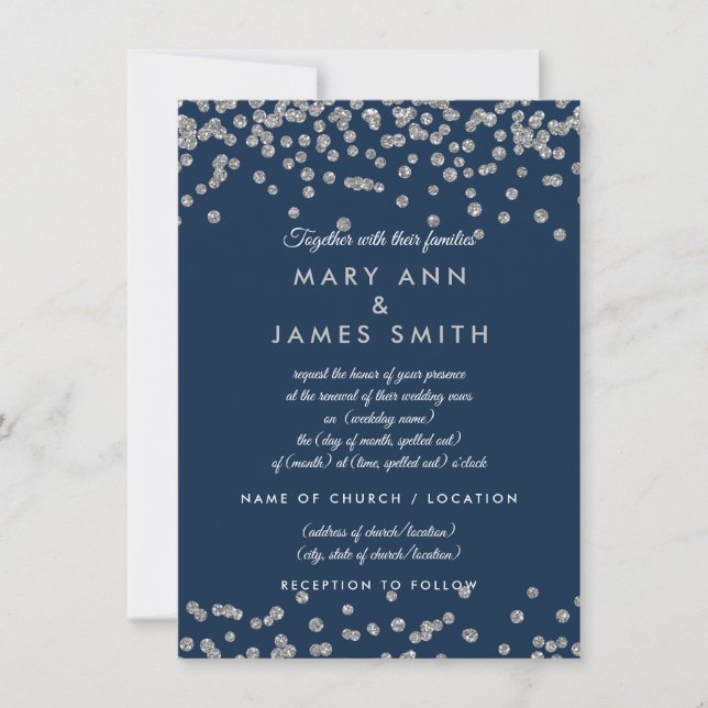Vow Renewal Silver Faux Glitter Confetti Navy Blue Invitation (Front)