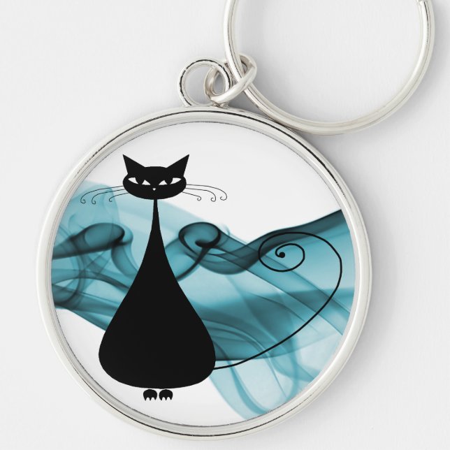 VoxKitty Black Cat on Wave of Blue Key Ring (Front)