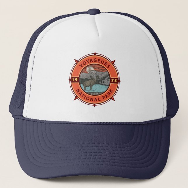 Voyageurs National Park Moose Retro Compass Emblem Trucker Hat (Front)
