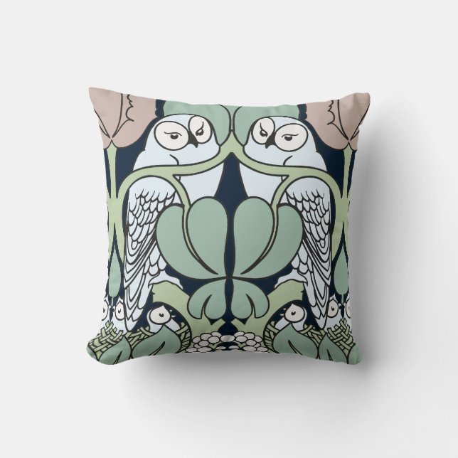 Voysey Art Nouveau Owls Nest Pattern Throw Pillow (Front)