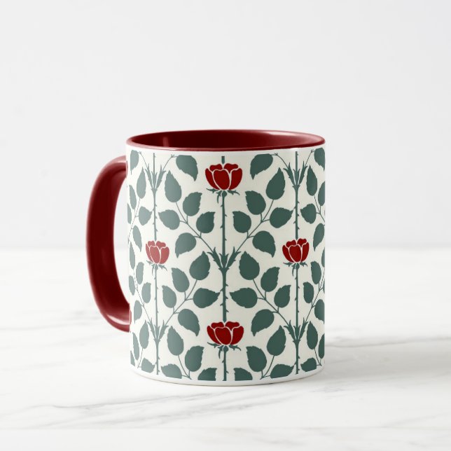 Voysey's Dark Red Briar Rose Coffee Mug (Front Left)