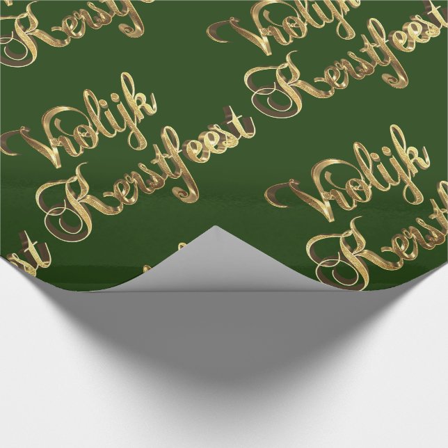 Vrolijk Kerstfeest Dutch Christmas Green and Gold Wrapping Paper (Corner)