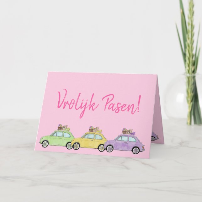 Vrolijk Pasen Dutch Easter Retro Fiat 500  Holiday Card (Front)