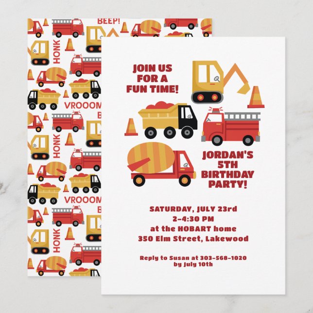 Vroom Honk Beep! Trucks Birthday Invitation (Front/Back)
