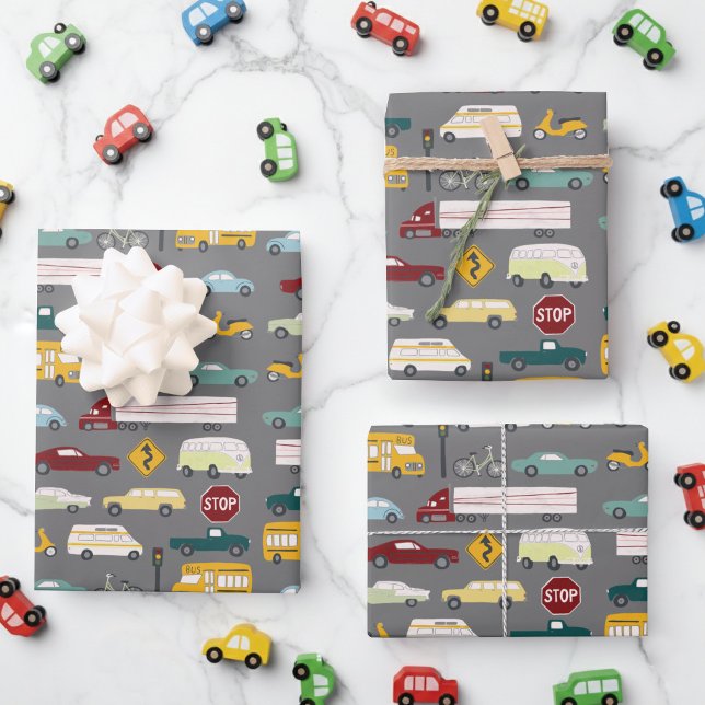 Vroom! Traffic Pattern Cars Trucks Bus Bike grey Wrapping Paper Sheet (Vroom! Traffic Pattern Cars Trucks Bus Bike grey Birthday Kids Wrapping Paper Sheets
)