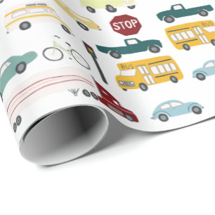 Vroom! Traffic Pattern Cars Trucks Bus Bike white Wrapping Paper