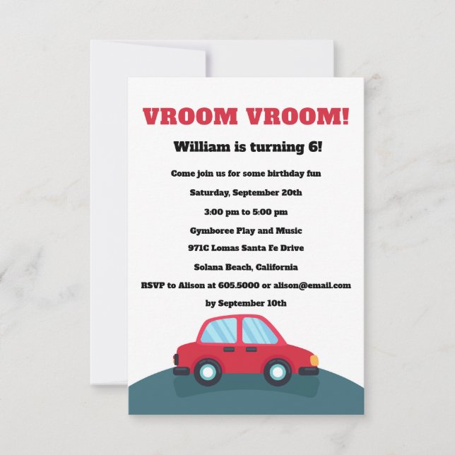 Vroom Vroom Cars Birthday Party Invitation (Front)