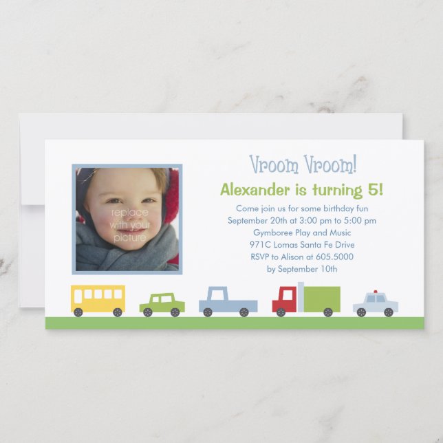 Vroom Vroom Cars Photo Birthday Party Invitation (Front)