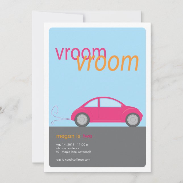 vroom vroom girl car birthday invitation (Front)