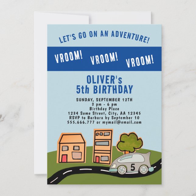 Vroom Vroom Racing Car Road House Boy Birthday Invitation (Front)