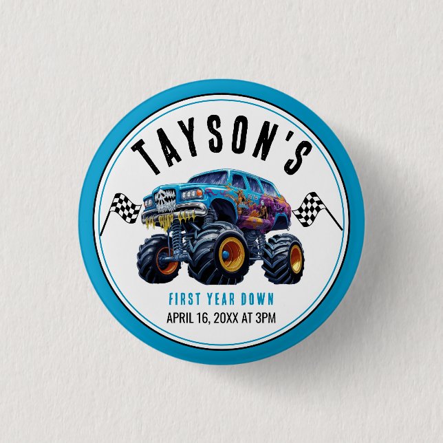 Vroom Zoom Monster Truck Boom | 1st Birthday Party 3 Cm Round Badge (Front)
