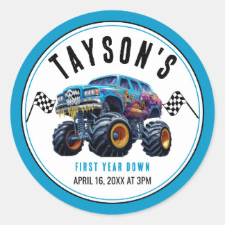 Vroom Zoom Monster Truck Boom | 1st Birthday Party Classic Round Sticker