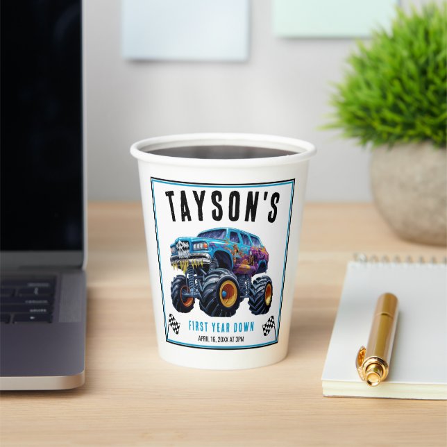 Vroom Zoom Monster Truck Boom | 1st Birthday Party Paper Cups (Insitu)