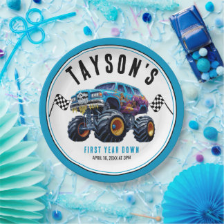 Vroom Zoom Monster Truck Boom | 1st Birthday Party Paper Plate