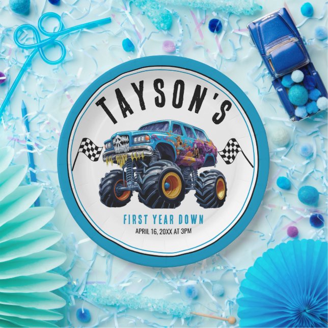 Vroom Zoom Monster Truck Boom | 1st Birthday Party Paper Plate (Party)
