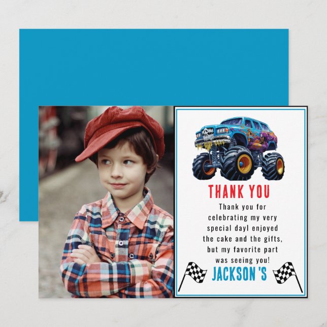 Vroom Zoom Monster Truck Boom | 1st Birthday Party Thank You Card (Front/Back)