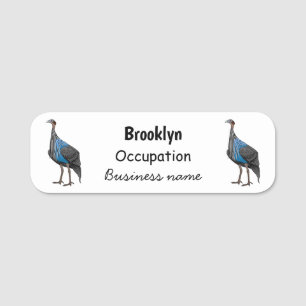 Vulturine guineafowl bird cartoon illustration name tag