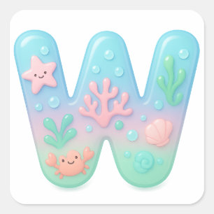 "W" Cute Letter - Underwater Sea Creature  Square Sticker