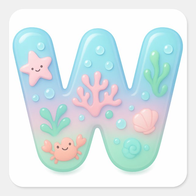 "W" Cute Letter - Underwater Sea Creature  Square Sticker (Front)