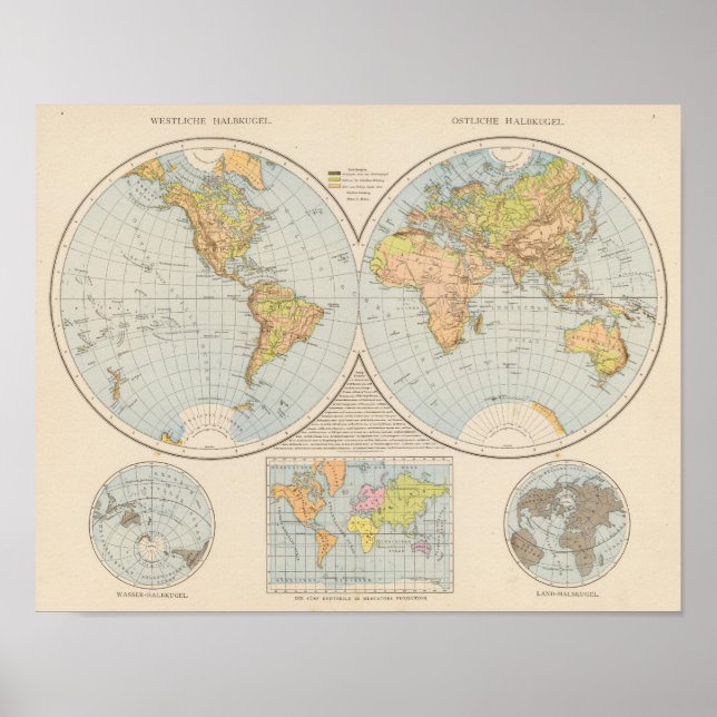 W, E Halbkugel World Map Poster (Front)