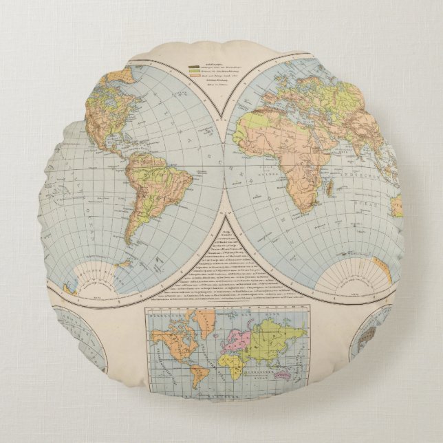 W, E Halbkugel World Map Round Cushion (Front)