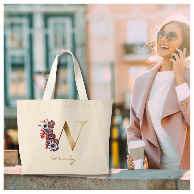 W Letter Gold Monogram Red White Purple Floral Large Tote Bag (Creator Uploaded)