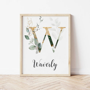 W Letter Monogram Greenery Nursery Name Wall Print