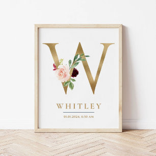 W Letter Monogram Name Marsala Floral Nursery Poster