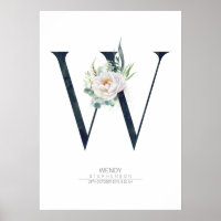 W Letter Monogram White Flowers and Greenery